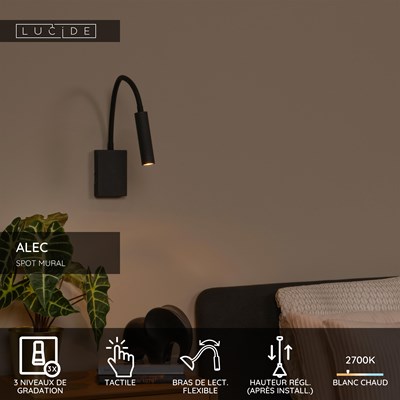 Lucide ALEC - Spot mural / Applique mural - LED 3 StepDim - G9 - 1x3W 2700K - Des anneaux interchangeables inclus - Noir